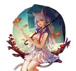  animal_ears branch breasts cat_ears cat_tail ddongu fish flower goldfish highres lips medium_breasts no_bra open_clothes open_shirt original red_eyes school_uniform serafuku shirt sitting skirt solo tail twintails umbrella wet 