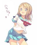  arms_behind_back ayase_arisa blonde_hair blue_eyes blue_skirt blush breasts hair_ornament hairclip jpeg_artifacts love_live! love_live!_school_idol_project medium_breasts navel neckerchief open_mouth pleated_skirt red_neckwear school_uniform serafuku short_hair simple_background skirt solo white_background yoo_(tabi_no_shiori) 