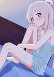  1girl ahoge artist_name babydoll bare_arms bare_legs bare_shoulders barefoot blue_babydoll blush brown_eyes colored_inner_hair commentary dutch_angle grey_hair grin hand_on_own_knee happyundergate highres indoors long_hair looking_at_viewer multicolored_hair on_bed onii-chan_wa_oshimai! oyama_mahiro pink_hair sitting smile solo spaghetti_strap thigh_strap twitter_username two-tone_hair 