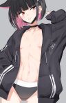  1girl animal_ears black_choker black_hair black_hoodie black_mask black_nails black_panties blue_archive breasts breasts_apart cat_choker cat_ears choker collarbone colored_inner_animal_ears colored_inner_hair commentary extra_ears eyelashes hand_in_pocket hand_up highres hood hoodie isocha kazusa_(blue_archive) linea_alba long_sleeves mask mouth_mask multicolored_hair naked_hoodie navel no_bra open_clothes open_hoodie panties pink_eyes pink_hair short_hair simple_background small_breasts solo stomach symbol-only_commentary teeth toned torso trinity_general_school_logo two-tone_hair underwear unworn_mask unzipped zipper 