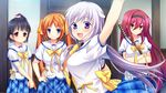  4girls atou_tsubaki black_hair blue_eyes chiri_(atlanta) chuablesoft crossed_arms fang game_cg headband highres hinohara_kei long_hair minamori_hime multiple_girls open_mouth orange_eyes orange_hair pink_eyes purple_eyes purple_hair red_hair sawamiya_shiori school_uniform smile sword twintails wagaya_no_himegami-sama! weapon yellow_eyes 