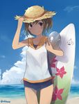  blush brown_hair hand_on_headwear hat i-401_(kantai_collection) i-class_destroyer kantai_collection purple_eyes roll_okashi short_hair smile solo straw_hat surfboard 