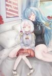  2girls absurdres azur_lane black_sweater blue_hair closed_mouth facial_mark flandre_(azur_lane) forked_tongue hair_ribbon heart heart_facial_mark highres indoors long_hair long_sleeves looking_at_viewer low_twintails marco_polo_(azur_lane) medium_hair multiple_girls on_bed one_eye_closed one_side_up pillow purple_eyes red_eyes red_ribbon red_skirt ribbon shishiria sitting skirt sweater tongue tongue_out turtleneck turtleneck_sweater twintails white_hair 