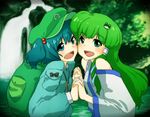  backpack bag bare_shoulders blue_eyes blue_hair blush cheek-to-cheek detached_sleeves dress forest frog_hair_ornament green_eyes green_hair hair_bobbles hair_ornament hair_tubes hands_clasped hands_together hat kawashiro_nitori key kochiya_sanae long_hair long_sleeves looking_at_viewer multiple_girls nature open_mouth own_hands_together pocket ribbon rock shiratama_(hockey) short_hair short_twintails snake_hair_ornament touhou twintails two_side_up upper_body water waterfall 