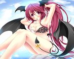  adjusting_hair akairo_no_mako armpits arms_up bandeau bikini blush breasts cleavage demon_tail demon_wings head_wings koakuma large_breasts legs long_hair mouth_hold pointy_ears red_eyes red_hair reflection ribbon sitting solo swimsuit tail tail_ribbon touhou very_long_hair wings 