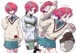  1girl amate_yuzuriha annoyed aqua_eyes aqua_shirt aqua_skirt closed_mouth collared_shirt erhuazi917 gundam gundam_gquuuuuux gym_uniform haro hat highres jacket long_sleeves looking_at_viewer necktie open_mouth red_hair running school_uniform shirt short_hair simple_background skirt sweater white_background 