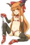  armor bikini bikini_armor black_legwear boots bow club flat_chest gauntlets gloves groin hair_bow highres horn_ribbon horns ibuki_suika long_hair low-tied_long_hair micro_bikini navel nishiuri open_mouth orange_hair partially_visible_vulva pointy_ears red_bikini red_gloves ribbon simple_background sitting slit_pupils smile solo spiked_club spread_legs swimsuit thighhighs touhou very_long_hair weapon white_background yellow_eyes 