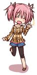  ^_^ banned_artist capri_pants casual chibi closed_eyes ekusiregaia hair_ribbon kaname_madoka lowres mahou_shoujo_madoka_magica open_mouth pants pants_under_shorts pink_hair ribbon short_twintails shorts solo twintails waving 