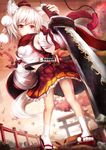  animal_ears detached_sleeves dutch_angle foreshortening geta hat highres inubashiri_momiji midriff navel planted_sword planted_weapon pom_pom_(clothes) red_eyes red_scarf scarf short_hair skirt socks solo sword tail tokin_hat torii touhou umagenzin weapon white_hair wolf_ears 