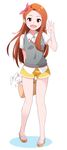  :d bag brown_hair earrings full_body hair_ribbon hairband haseneko highres idolmaster idolmaster_(classic) jewelry long_hair looking_at_viewer minase_iori open_mouth red_eyes ribbon sandals shorts smile solo stuffed_animal stuffed_bunny stuffed_toy sweater_vest waving 
