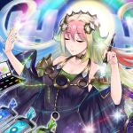  1girl artist_painter black_dress blue_nails blush breasts cleavage closed_eyes closed_mouth collarbone dress duel_monster green_nails hair_between_eyes holding holding_brush kalian large_breasts long_hair long_sleeves multicolored_hair orange_nails paint_palette paint_tube paintbrush red_nails smile solo the_weather_painter_rainbow tube yu-gi-oh! 