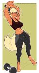 abs absurd_res anthro athletic_wear biceps big_breasts blonde_hair bodily_fluids bottomwear breasts bulge clothing digital_media_(artwork) dumbbell ear_piercing ear_ring eeveelution exercise eyes_closed feet fire_symbol fitness flareon flower_tattoo fluffy fluffy_tail fur generation_1_pokemon gynomorph hair hi_res hindpaw intersex motion_lines muscular muscular_anthro muscular_gynomorph muscular_intersex nintendo orange_background orange_body orange_fur outline pants paws piercing pokemon pokemon_(species) ring_piercing short_hair signature simple_background snout solo stretching stretching_arms sweat sweatpants sweaty_body tail tattoo text thericegoat training_bra trans_(lore) trans_woman_(lore) url weights white_outline workout