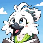 1:1 avian beak blue_eyes cheek_spots cheek_tuft facial_tuft feather_hair feather_tuft feathers hair hair_bun hi_res looking_offscreen nintendo pseudo_hair rito smile the_legend_of_zelda tongue trevor-fox tuft tulin_(tloz) white_body