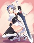  arm_support artist_name ass black_gloves black_legwear blue_eyes blue_hair breastplate breasts elbow_gloves frown gauntlets gloves greaves hairband korisei looking_back medium_breasts no_panties o-ring original planted_sword planted_weapon scabbard sheath short_hair signature skirt solo squatting sword thighhighs weapon 