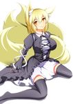  animal_ears arms_behind_back black_legwear blonde_hair breasts cosplay dress fox_ears fox_tail hijiri_byakuren hijiri_byakuren_(cosplay) juliet_sleeves large_breasts layered_dress long_sleeves looking_at_viewer merry_(diameri) multiple_tails no_shoes orange_eyes puffy_sleeves shadow short_hair simple_background sitting sleeves_past_wrists smile solo tail thighhighs touhou wariza white_background yakumo_ran 