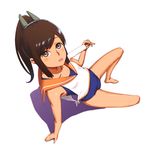  bare_shoulders barefoot blush brown_hair food foreshortening from_above full_body i-401_(kantai_collection) kaburagi_yuki kantai_collection one-piece_swimsuit ponytail popsicle sailor_collar school_swimsuit simple_background solo swimsuit swimsuit_under_clothes tongue tongue_out white_background 