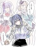  3girls :3 animal_ears black_hat blonde_hair blue-framed_eyewear blue_hair blush bow bowtie braid closed_eyes commentary_request dog_ears hat highres izumi_shiho kemonomimi_mode kino_himari medium_hair miniskirt mizuguchi_aki multiple_girls one_eye_closed open_mouth pink_eyes red_bow red_bowtie sasayaku_you_ni_koi_wo_utau skirt sparkle takeshima_eku translation_request twin_braids 