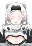  1girl :d ^_^ absurdres animal_ears arknights aurora_(arknights) black_gloves black_hairband blush breasts cleavage closed_eyes commentary_request double_v facing_viewer gloves hair_intakes hairband highres long_sleeves mitsumoto_amata open_mouth short_hair simple_background smile solo unzipped upper_body v white_background white_hair zipper 