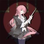  1girl absurdres bang_dream! bang_dream!_it&#039;s_mygo!!!!! black_coat black_shorts chihaya_anon chinese_commentary coat commentary fang grey_eyes hair_between_eyes highres holding holding_sword holding_weapon long_hair nightlemon open_mouth parent_and_child picture_frame pink_hair shirt shorts skin_fang solo spotlight sword very_long_hair weapon white_shirt 