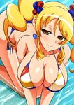  aokura_shou bikini blonde_hair blush breasts brown_eyes cleavage cure_honey earrings hanging_breasts happinesscharge_precure! highres jewelry large_breasts long_hair looking_at_viewer oomori_yuuko partially_submerged popcorn_cheer precure shiny shiny_skin side-tie_bikini smile solo swimsuit twintails water wet 