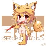  1girl absurdres animal_feet animal_hands bell blush bottomless bra breasts chibi chibi_only commentary_request commission criss-cross_halter fox_girl fox_hat full_body halterneck highres holding holding_staff ikkyuu looking_at_viewer medium_breasts moonlight_flower navel open_mouth pink_eyes pussy ragnarok_online second-party_source short_hair smile solo staff uncensored underwear yellow_bra 