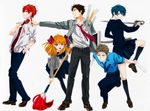  3boys androgynous bow brush derivative_work flower gekkan_shoujo_nozaki-kun hair_bow hori_masayuki kashima_yuu mikoshiba_mikoto miniskirt multiple_boys multiple_girls nekopurin nib_pen_(object) nozaki_umetarou pen pleated_skirt polka_dot polka_dot_bow rose rouman_academy_uniform ruler sakura_chiyo school_uniform skirt sword weapon 