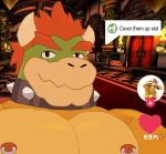 anonymous_artist anthro black_eyes bowser collar cover_them_up_slut electricity english_text hair horn inside koopa lightning looking_at_viewer male mario_bros meme muscular muscular_anthro muscular_male nintendo nipples orange_body pecs piercing red_hair redraw reptile scalie solo text tiktok yoshi