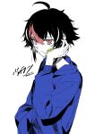  1boy ahoge arm_up black_hair blue_sweater closed_mouth commentary_request gauze hair_behind_ear hand_in_pocket highres hood hood_down hooded_sweater inami_rai long_sleeves male_focus multicolored_hair nijisanji pink_hair red_eyes short_hair simple_background smile solo streaked_hair sweater torino_kawazu virtual_youtuber white_background wiping_face 