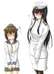  alternate_bottom_wear bangs black_hair blush brown_eyes brown_hair dress female_admiral_(kantai_collection) hair_ornament hat highres kantai_collection long_hair multiple_girls niwatazumi pantyhose sailor_dress school_uniform short_hair skirt tatebayashi_sakurako translated yukikaze_(kantai_collection) 