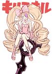  big_hair blonde_hair boots bow dress drill_hair earrings eyepatch hair_bow harime_nui jewelry kill_la_kill long_hair mebachi_maguro pink_bow pink_footwear pinky_out scissor_blade sitting smile solo twin_drills twintails wrist_cuffs 