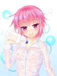  blush bottle breasts covered_nipples d-frag! looking_at_viewer mizukami_sakura nipples pink_eyes pink_hair see-through shirt short_hair small_breasts smile solo tsuboyarou water water_bottle wet wet_clothes wet_shirt 