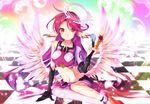  2mota :&lt; bangs bare_shoulders black_gloves bridal_gauntlets checkered checkered_floor chess_piece colorful elbow_gloves expressionless feathered_wings floor full_body gloves gradient_hair halo impossible_clothes jibril_(no_game_no_life) long_hair low_wings midriff mismatched_gloves mismatched_legwear multicolored_hair navel no_game_no_life orange_eyes parted_bangs pink_hair purple_hair ringed_eyes shiny shiny_clothes shiny_hair shiny_skin shiro_(no_game_no_life) shoes single_shoe single_sock single_thighhigh sitting socks solo sora_(no_game_no_life) tareme tattoo thighhighs very_long_hair white_wings wing_ears wings yokozuwari 