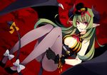  ankle_bow ankle_ribbon bad_id bad_pixiv_id bat_wings bow breasts cleavage demon_horns demon_tail demon_wings fishnet_pantyhose fishnets gloves green_hair hat horns medium_breasts merlusa mini_hat mini_top_hat original pantyhose pointy_ears red_eyes ribbon solo tail tail_bow tail_ribbon top_hat wings 