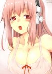  blush bow breasts cleavage collarbone dated dress gradient gradient_background headphones highres large_breasts long_hair looking_at_viewer nekomicha nitroplus open_mouth pink_background pink_dress pink_hair red_eyes solo super_sonico upper_body 