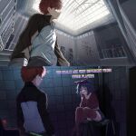  1boy 1girl alternate_eye_color aura black_jacket blood choker closed_mouth color_connection corruption crazy_mita_(miside) crossover dark dark_aura dark_persona distortion door dual_persona emiya_shirou evil_grin evil_smile fate/stay_night fate_(series) flower_hairtie from_side glitch glowing glowing_eyes grin hairband hell highres horror_(theme) igote image_warping indoors j-horror jacket lantern light_particles light_rays long_hand look-alike looking_afar looking_ahead magic_circuit miside mita_(miside) movie_theater multiple_crossover multiple_girls no_humans non-web_source orange_hair pajamas pants pixelated promo_poster red_choker red_eyes red_hair red_hairband red_pajamas red_shirt rooms saturated scenery science_fiction shadow shirt shokobr short-haired_mita_(miside) short_hair smile solo stuffed_flower technology techwear tube weapon white_jacket 
