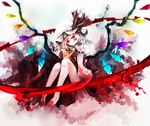  ascot bare_legs barefoot blonde_hair blood bloody_feet bloody_hands chiruru96 dress flandre_scarlet hat hat_ribbon highres looking_at_viewer mob_cap puffy_short_sleeves puffy_sleeves red_dress red_eyes ribbon shirt short_sleeves sitting smile solo touhou wings 