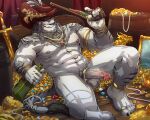 2025 5_fingers abs accessory anthro balls biceps biped claws clothing cock_ring colored digital_media_(artwork) facial_hair felid final_fantasy final_fantasy_xiv fingers fur furgonomics genitals hat headgear headwear hi_res hrothgar humanoid_genitalia humanoid_hands humanoid_penis jewelry kumammoto_(artist) looking_at_viewer male mammal muscular muscular_anthro muscular_male muscular_thighs necklace pecs penis penis_accessory penis_jewelry pirate_hat ring solo square_enix tail tail_accessory tail_jewelry tail_ring treasure_hoard white_balls white_body white_fur
