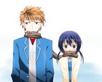  1boy 1girl blue_hair blush brown_eyes coat d-frag! funabori grey_eyes kazama_kenji low_twintails open_mouth orange_hair scarf shared_scarf short_hair twintails 