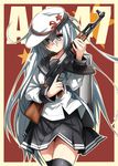  ak-47 assault_rifle black_legwear blue_eyes blue_hair gen_(black_factory) gun hammer_and_sickle hat hibiki_(kantai_collection) highres kantai_collection long_hair rifle russia school_uniform serafuku solo soviet star thighhighs trigger_discipline verniy_(kantai_collection) weapon 