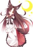  animal_ears bare_shoulders blush brown_hair crescent daidai_ookami dress highres imaizumi_kagerou long_hair looking_at_viewer orange_eyes simple_background slit_pupils smile solo tail touhou white_background wolf_ears wolf_tail 