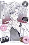  1boy absurdres black_shirt bleeding blood blood_on_face blood_on_hands blue_eyes camera chinese_commentary commentary_request curtained_hair donut english_text food glasses grey_hair gunshot_wound hand_up highres jacket kanou_aogu lapels long_hair long_sleeves male_focus notched_lapels rectangular_eyewear saibou_shinkyoku shirt short_hair smile solo spoilers swshiwu02433 upper_body variant_set white_jacket window_(computing) 