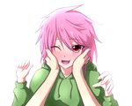  bad_id bad_pixiv_id blush d-frag! green_(midoriryuu) hands_on_another's_cheeks hands_on_another's_face highres hood hoodie lipstick looking_at_viewer makeup mizukami_sakura out_of_frame pink_eyes pink_hair pov pov_hands short_hair simple_background smile white_background 