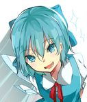  arms_behind_back biscuit_(bis0) blue_dress blue_eyes blue_hair blue_ribbon bow cirno dress hair_between_eyes hair_bow hair_ribbon ice ice_wings looking_at_viewer open_mouth pov ribbon short_hair smile solo_focus touhou wings 