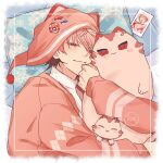  1boy bed border brown_hair cardigan closed_mouth commentary gohan_kue_yo hashtag-only_commentary hat highres holding image_in_thought_bubble long_sleeves looking_at_viewer lying male_focus mimizuku-san_(seraph_dazzlegarden) multicolored_hair musical_note nijisanji on_side pillow pink_cardigan pink_hair pink_hat pom_pom_(clothes) red_eyes seraph_dazzlegarden shirt smile solo speech_bubble thought_bubble turtleneck upper_body virtual_youtuber white_shirt 