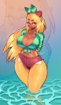 absurd_res anthro bethany_(jamoart) big_breasts bottomwear breasts capybara caviid cleavage clothed clothing daisy_dukes denim denim_bottomwear denim_clothing denim_shorts ear_piercing ear_ring female head_scarf hi_res hotpants jamoart looking_aside mammal mature_female midriff partially_submerged piercing ring_piercing rodent shirt shorts solo thick_thighs tied_shirt topwear wide_hips