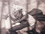  2boys arm_wrap boots brown carrying closed_mouth coat emiya_shirou fate/stay_night fate_(series) floating_hair forest frown illyasviel_von_einzbern kotomine_kirei long_hair long_sleeves looking_at_another looking_at_viewer monochrome motion_blur multiple_boys nature open_mouth pants parody profile running sepia sideways_glance skirt sweat taa_(acid) 