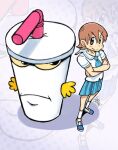  1girl aioi_yuuko aqua_teen_hunger_force artist_name blue_neckerchief blue_skirt brown_eyes brown_hair colored_sclera commentary crossed_arms crossover cup disposable_cup drinking_straw emer_drawn english_commentary frown gakuran looking_at_viewer master_shake neckerchief nichijou pleated_skirt sailor_collar school_uniform shirt short_hair skirt smile socks standing tokisadame_school_uniform v-shaped_eyebrows white_sailor_collar white_shirt white_socks yellow_sclera zoom_layer 