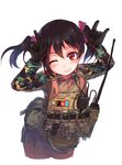  \m/ afghan_flag ammunition_pouch arms_up black_hair blush body_armor camouflage double_\m/ fangdan_runiu fanny_pack gloves love_live! love_live!_school_idol_project m81_woodland_(camo) magazine_(weapon) military multicam_(camo) nico_nico_nii one_eye_closed patch plate_carrier pouch push-to-talk_device radio radio_antenna red_eyes revision short_hair short_twintails solo tourniquet twintails walkie-talkie white_background woodland_pattern yazawa_nico 