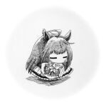  1girl ahoge animal_ear_piercing animal_ears bouquet by_tsume closed_eyes duramente_(umamusume) flower flower_request greyscale highres holding holding_bouquet horse_ears horse_girl huge_ahoge lily_(flower) long_hair monochrome mourning no_mouth pleated_skirt school_uniform skirt solo summer_uniform tracen_school_uniform umamusume very_long_hair 