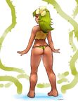  1girl amalia_sheran_sharm ass bare_shoulders barefoot brown_eyes dark_skin darren_geers flower from_behind full_body green_hair hair_flower hair_ornament highres lips long_hair looking_back sadida solo standing thong vines wakfu 